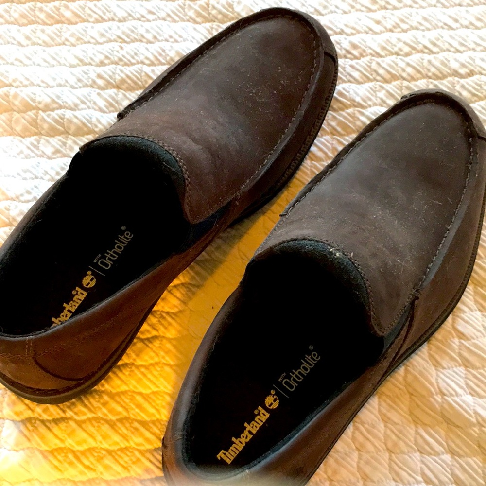 Size 10 brown Timberland Ortholite loafers.